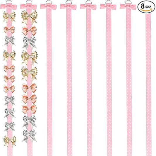 8 PCS Pink Bow Holder for Girls Hair Accessories Organizer, Hair Bows Clips Headband Storage Display Wall Hanging for Baby Room Nursery Decor