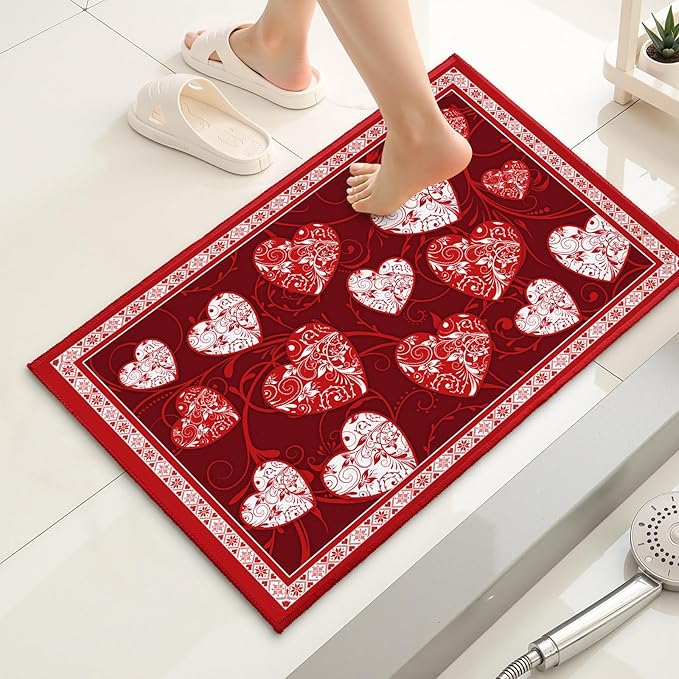 32x20in Valentine Bathroom Rug- Romantic Red White Hearts Bath Mats- Symbol of Love Non-Slip Holiday Soft Velvet Bath Rugs for Shower Room Bathtub Sink Bedside
