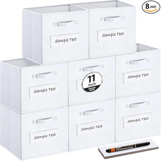 artsdi Fabric storage cubes (Set of 8) 11 Inch Cube Storage Bin, Cube storage with 8 Labels Window Cards & a Pen, Foldable cube Organizer bins,11x11 Storage bin, Cubby Organizer Boxes, White