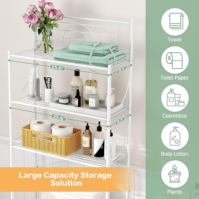 MallBoo Over The Toilet Storage Rack, 3-Tier Metal Bathroom Organizer Shelf with Hooks & Paper Holder, Freestanding Above Toilet Storage for Small Spaces, Apartments, Laundry Room(White)