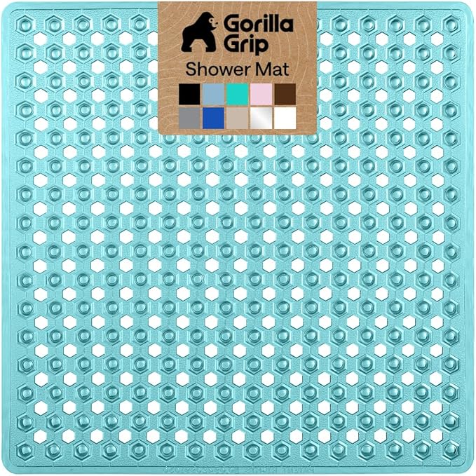 GORILLA GRIP Patented Square Shower Stall Mat, Small Bathtub Floor Mats for Stand Up Showers, Suction Cups and Drainage Holes, Machine Wash, Soft on Feet, Bathroom Accessories 21x21 Inch, Turquoise