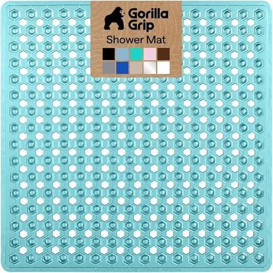 GORILLA GRIP Patented Square Shower Stall Mat, Small Bathtub Floor Mats for Stand Up Showers, Suction Cups and Drainage Holes, Machine Wash, Soft on Feet, Bathroom Accessories 21x21 Inch, Turquoise