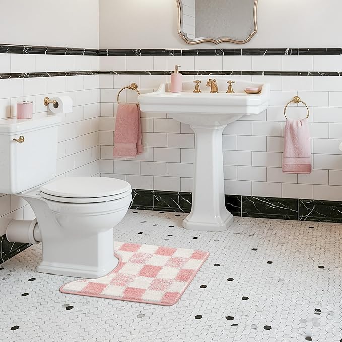 GRANNY SAYS Toilet Rugs U Shaped Washable Non Slip, Toilet Mats for Bathroom Soft Plush Shaggy Absorbent, Microfiber Bath Mats for Bathroom Toilets Cute Decor, 20" x 24", Checkered Pink