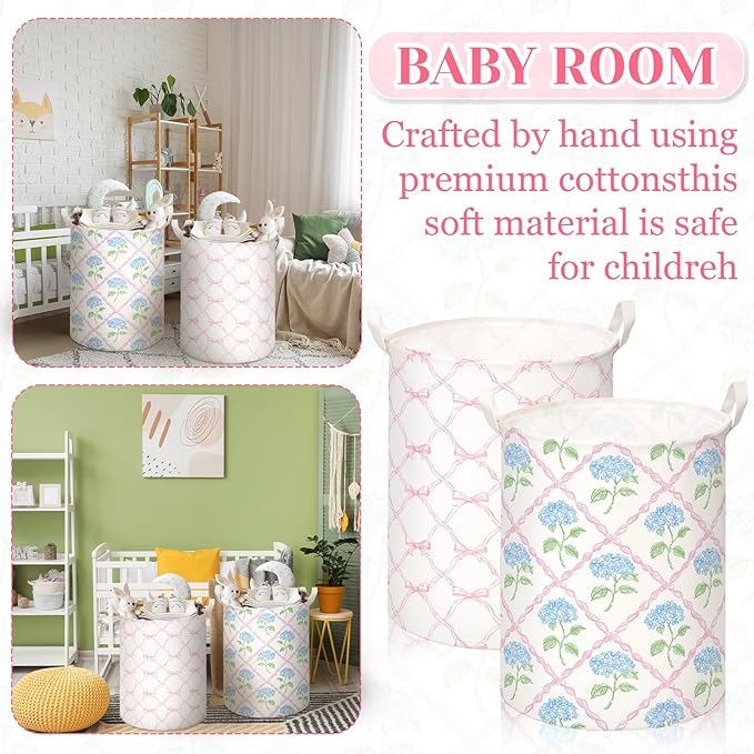 2 Pcs Laundry Basket Coquette Storage Basket for Girls Nursery Hamper with Handles Foldable Waterproof Collapsible Storage Bin Organizer for College Dorms Bathroom(Hydrangea)