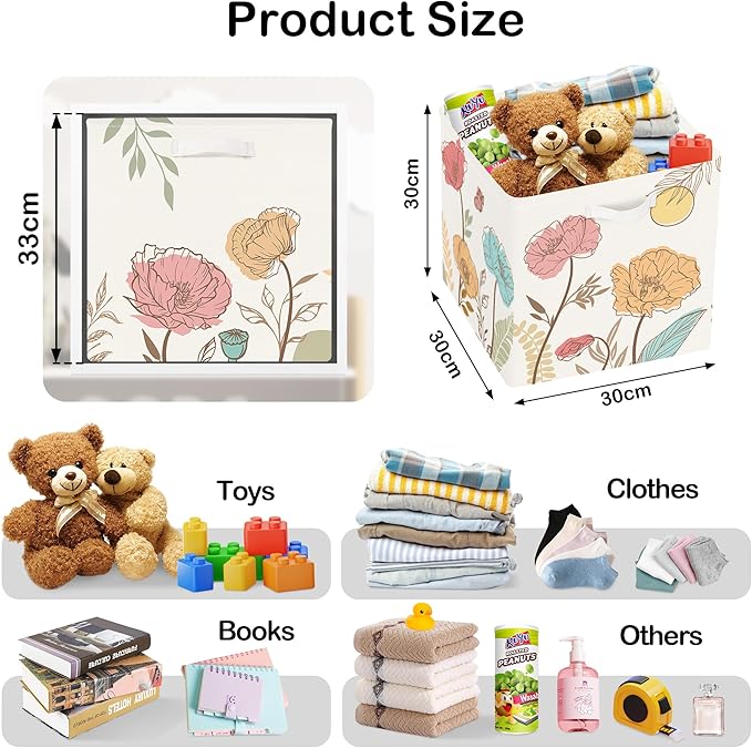 11.8" Wild Flower Storage Cube Organizer Set 3Pcs Clothes Storage Basket Bin for Closet Shelf Garden Butterfly Nursery Kid Room Book Toy Chest, Boho Leaf