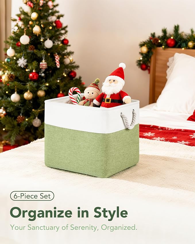 13x15x13 Storage Cube Bins, Heavy Duty Foldable Fabric Storage Bins with Handles and Metal Frame, 6 Pack Large Closet Organizer Bins for Clothes, Socks, Towels, White Green