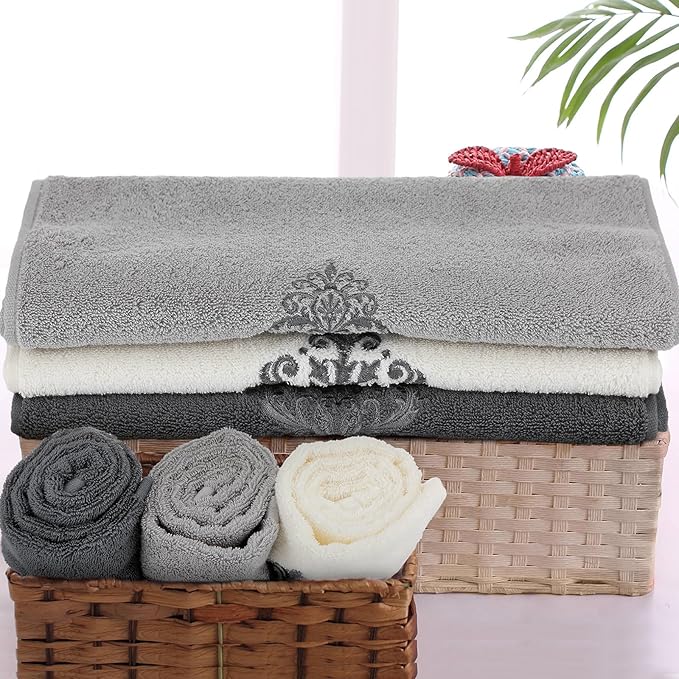 3 Pcs Decorative Gray Hand Towels for Bathroom Kitchen 13.3 x 29.5'' Farmhouse Damascus Luxury Embroidered 100% Cotton Towels Art Decor for Bathroom Kitchen