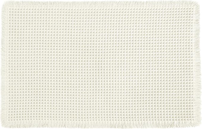 Hiasan Waffle Bath Mat, Super Absorbent Non Slip Bathroom Boho Rug with Tassels, Machine Washable Bath Mats for Bathroom, Ultra Soft Rubber Backed Rug, White, 24 x 60 Inches