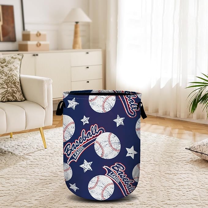 Baseballs and Stars Laundry Basket, Laundry Hamper Collapsible Oxford Cloth with Handle Clothes Toy Storage Bin for Bathroom Laundry Room Bedroom 15.7 X 20 Inch