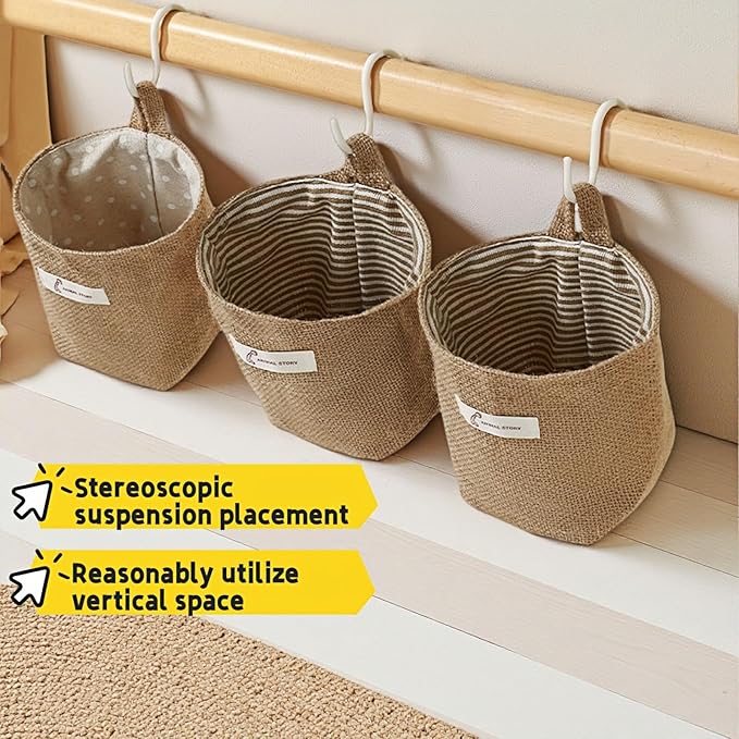 Chinshwehaw Washable Cotton Linen Hanging Organizer Bag for Door Wall Bedside | Washable Storage Pockets | Space Saving ，Reusable Closet Organizer (2Pack) (Deep blue stripes+yellow dots)