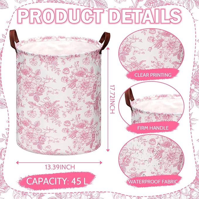 2 Pcs Pink Floral Laundry Basket Coquette Storage Basket for Girls Nursery Hamper with Handles Foldable Waterproof Collapsible Storage Bin Organizer for College Dorms Bathroom