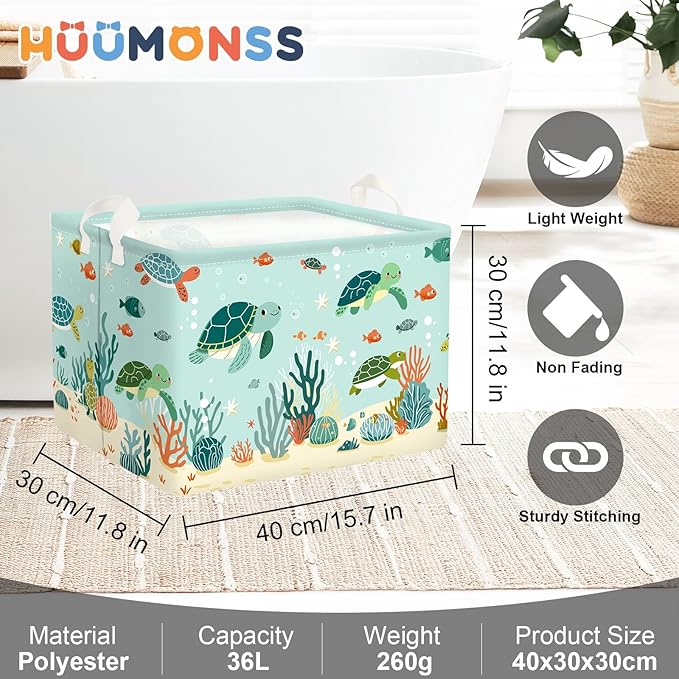 Sea Animals Laundry Hamper Ocean Fish Coral Large Storage Basket Parents Organizer Kids Clothes Toy Bins for Bedroom, Bathroom, Green Turtles, 36L