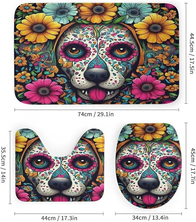 4 Pc Day Dead Dog Sugar Skull Flower Art Shower Curtains + Tub Shower Bath Rug Set, Water Repellent Spa Curtain Absorbent Shaggy Rugs