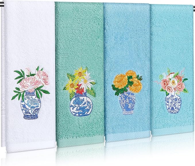 4pcs Chinoiserie Vase Kitchen Towels 29" X 13" Blue and White Floral Porcelain Tea Towel Cotton Embroidered Bathroom Decorative Absorbent Dishcloths Hostess Housewarming Gift