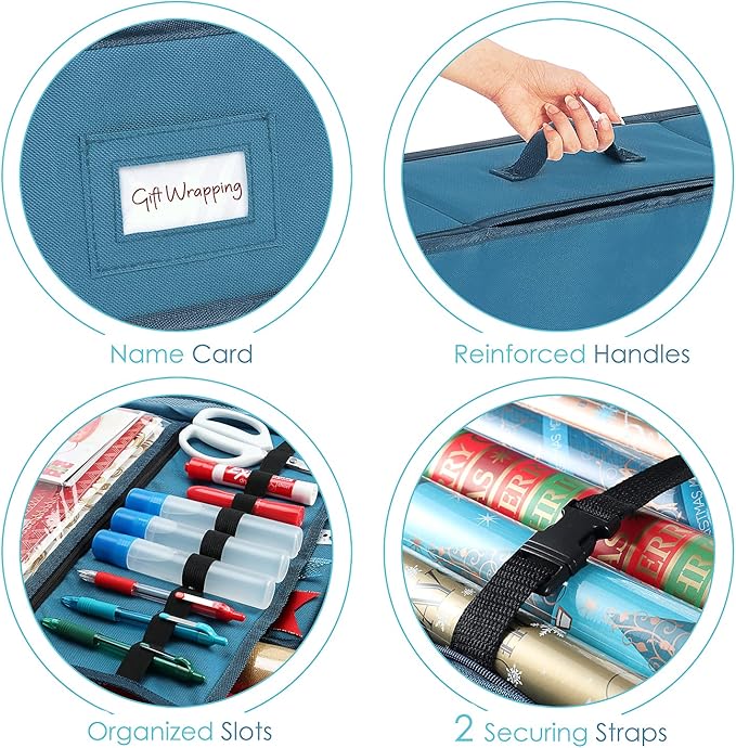 Hearth & Harbor Wrapping Paper Storage Container - Christmas Storage Bag with Ribbon Dispenser and Interior Pockets - Gift Wrap Organizer Fits Up to 26 Rolls of 40" Length, Blue