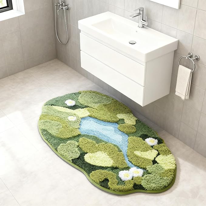 3D Moss Bath Mat - Ultra Thick & Soft, Water Absorbent, Non-Slip Bathroom Rug for Shower Floor, Bedroom Decor | Moss Green, Oval (24"x43")