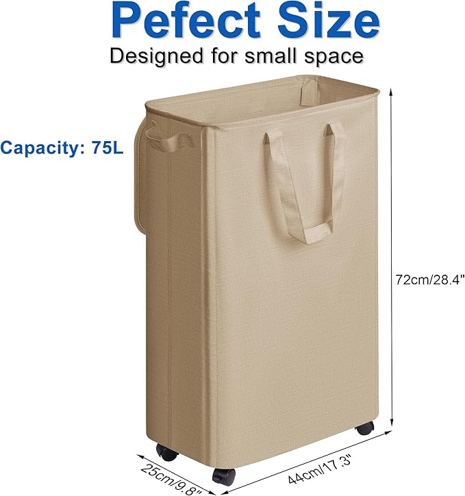 Slim Laundry Hamper with Lid and Wheels, Small Rolling Laundry Basket with Handle for Small Spaces, Tall Dirty Clothes Hampers for Dorm, Bathroom and Bedroom, 75L, Oatmeal