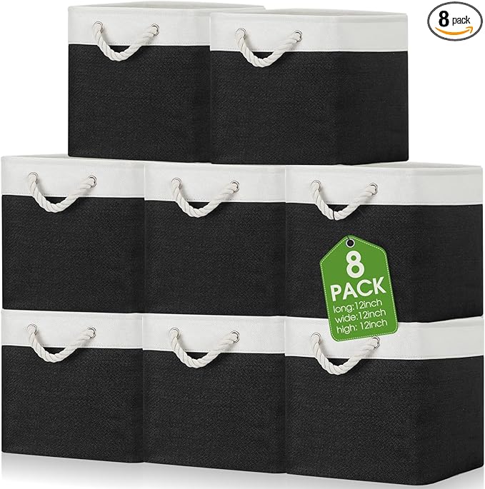 meekoo 8 Pack Collapsible Storage Bins Fabric Storage Bins Polyester Fabric Baskets with Handles Linen Closet Organizer for Shelf Home Closet Towels Toys(12 x 12 x 12 in,Black White)