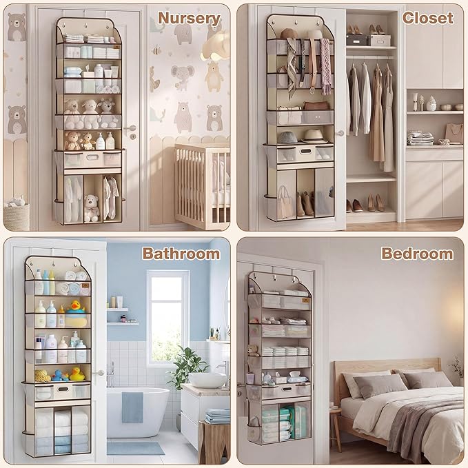 Over The Door Organizer with Large Capacity Diaper Storage & Mesh Window,for Baby Essentials & Nursery, 55lbs Hanging Storage for Closet, Bathroom, Bedroom, Dorm -12 Pockets