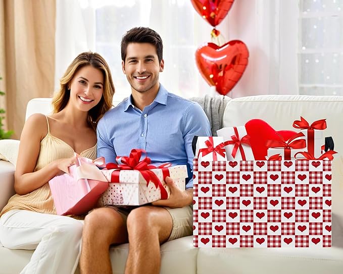 Large Valentine's Day Basket Heart Shaped Storage Bin for Gifts Collapsible Organizer Room Decor (Grid Love)