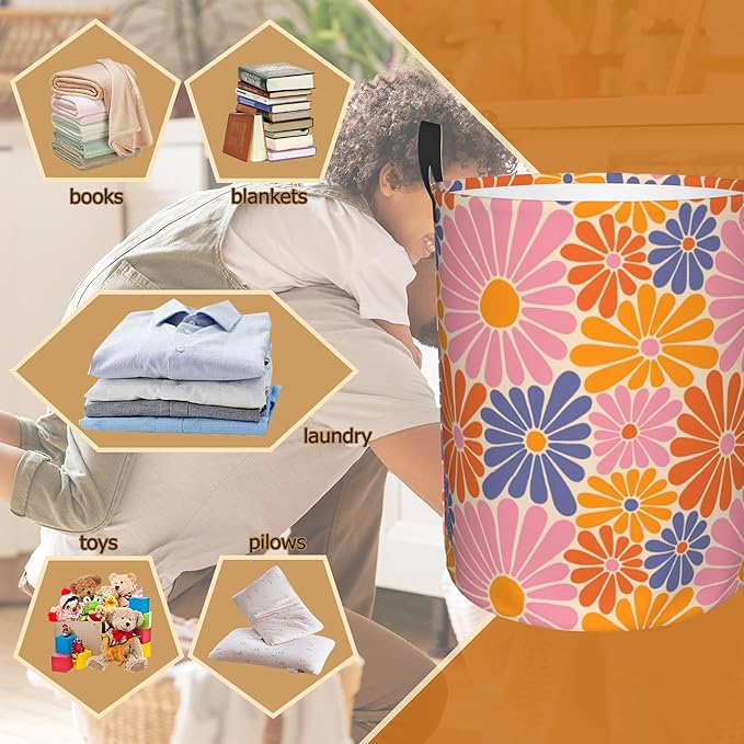 Groovy Daisy Flowers Collapsible Laundry Basket,70s Hippie Retro Bedroom Waterproof Laundry Hamper,Bathroom Large Storage Bag,College Dormitory Living Room Nursery Organizer Toy Bin 16" x 20"