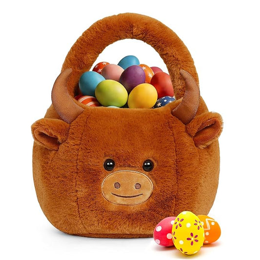 Easter Basket, Easter Baskets for Kids, Highland Cow Baskets with Handle for Gifts Empty, Bunny Egg Hunting, Basket Stuffers Essentials