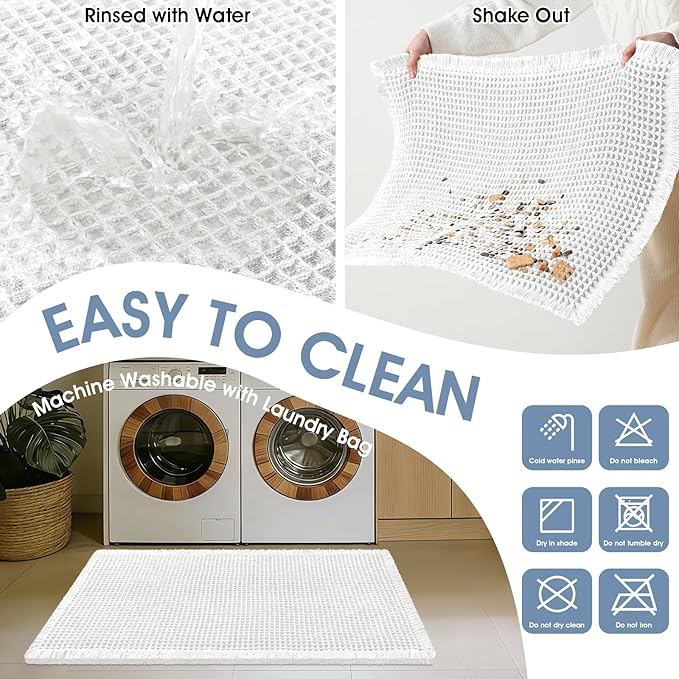 Accumtek Extra Large Waffle Bath Mat, 6'x2' White, Super Absorbent Non-Slip Quick Dry Bathroom Rugs with Tassels, Machine Washable Ultra Soft Boho Bath Rugs for Floor, Toilet Mats Boho Farmhouse Decor