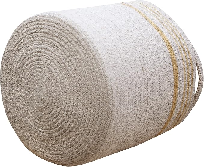 Lorena Canals Basket TWIN for kids' room in Amber/Natural color. Handmade by artisans in Natural Cotton and Non-Toxic Dyes-Size: 1' x Ø 1'