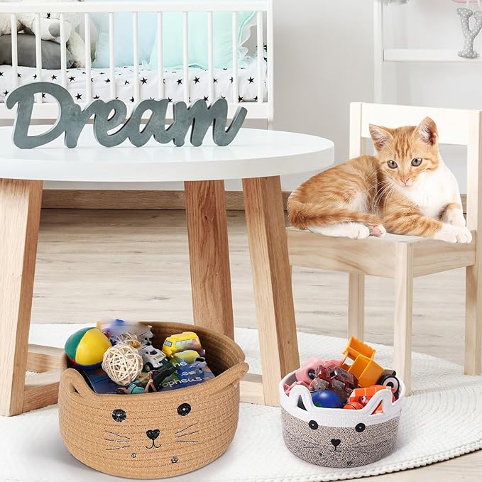 Zopeal Cat Basket Storage Woven Organizer with Ears Christmas Decorative Pet Toy Cute Cotton Rope Basket for Gift Cat Dog Toy Bin Nursery Room(13.7 x 7.8 Inch,Khaki)