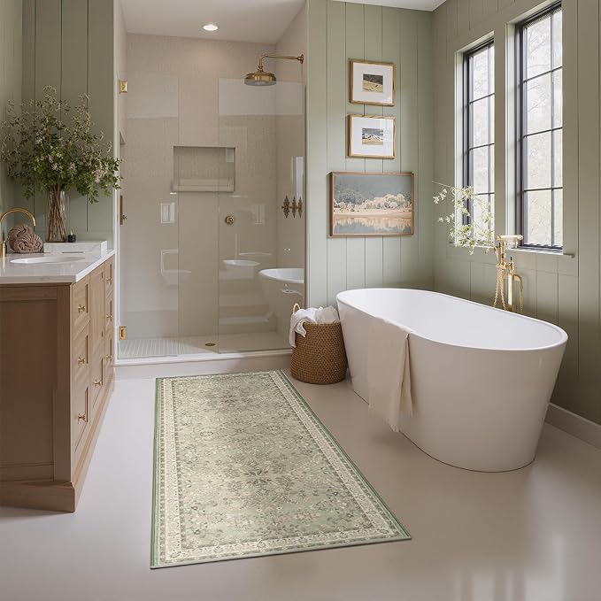 GRANNY SAYS Boho Bathroom Runner 47"x 18" Non-Slip,Quick Dry & Washable Vintage Bath Rug,Distressed Farmhouse Plush Velvet Bath Mat for Sink Shower and Bathtub, Flower Green