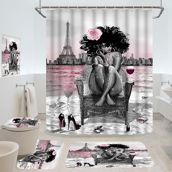 5Pcs Girly Shower Curtain Set with Rugs and Wall Painting, Pink and Black African American Shower Curtain Set, Parisian Style Modern Wall Decor, Bathroom Accessory Set