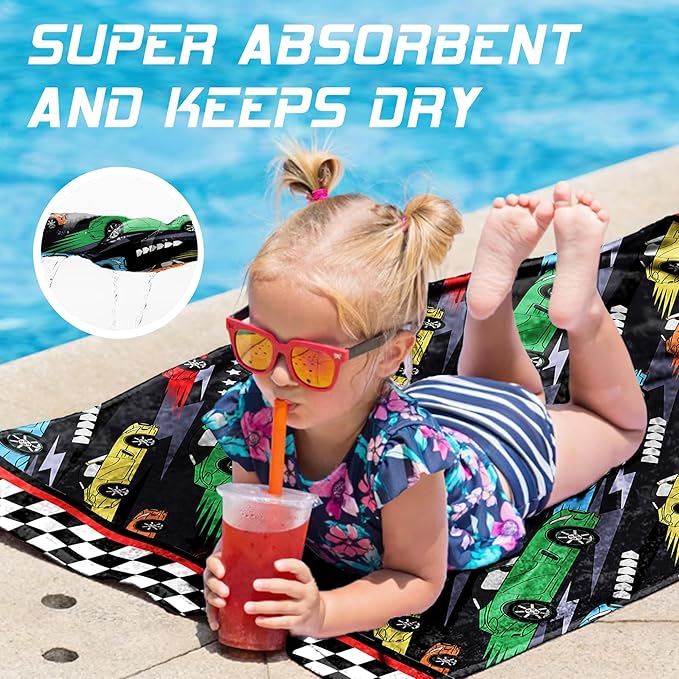 Hooded Towels for Kids -Toddler Beach Towel- Super Absorbent & Quick Dry 100% Cotton 30x50 Inch - to Kid Ages 3-10-Racing Car Swim Towels