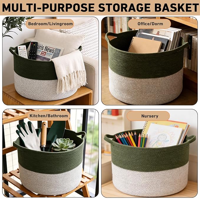 65L Large Blanket Basket,19.7" L x 19.7" W x 13" H Rope Woven Baskets with Handles, Toys Storage Bins,Laundry Basket Perfect for Living Room, Nursery,Bedroom,Home Organization,Green&White