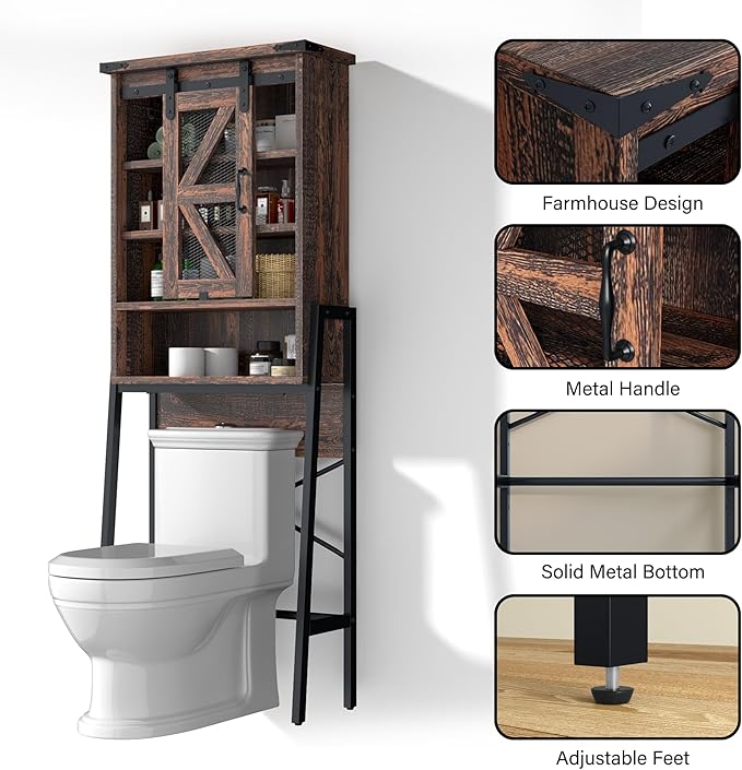 Over The Toilet Storage Cabinet with Sliding Barn Door, Over Toilet Bathroom Organizer with Adjustable Shelves and Metal Frame, Farmhouse Space Saver The Toilet Rack (Brown)