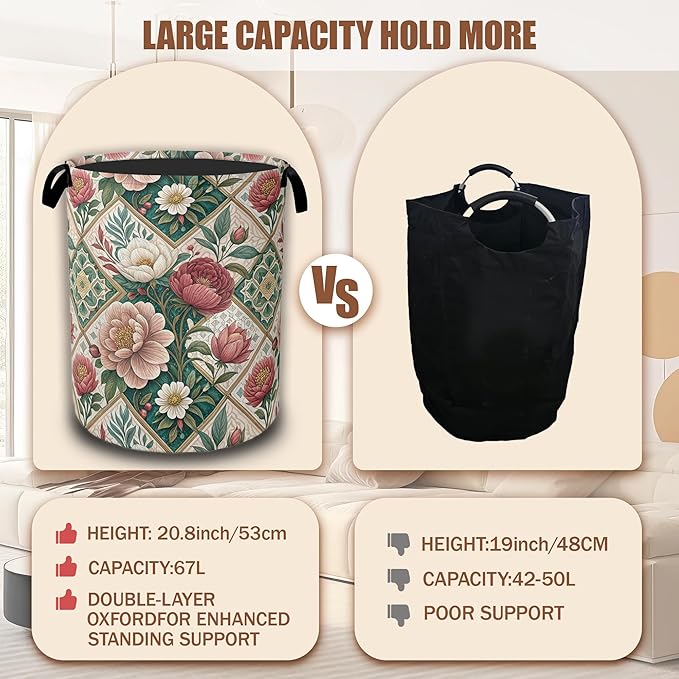 Elegant Floral Laundry Basket,Waterproof Foldable Vintage Peonies Roses Laundry Hamper,Dirty Clothes Basket, Linen Bin Storage Organizer Collection 16" x 20.8"