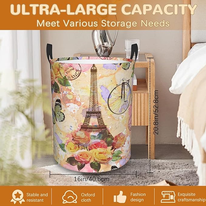 Eiffel Tower Collapsible Laundry Basket,Vintage Rose Butterfly Bedroom Waterproof Laundry Hamper,Bathroom Large Storage Bag,College Dormitory Living Room Nursery Organizer Toy Bin 16" x 20"