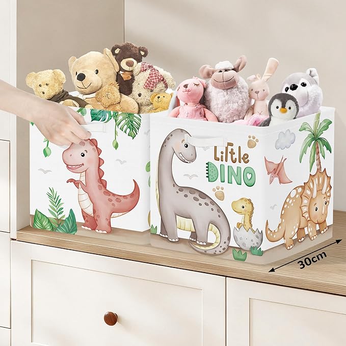 Clastyle Dinosaurs Storage Cube Organizer Set Plants Closet Clothes Cube with Metal Frame Foldable Parents Organizer Storage Basket for Book Toy,Brown,11.8x11.8x11.8 in