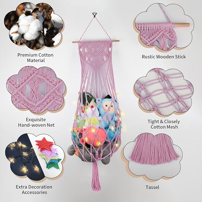 Stuffed Animal Hammock Corner, 63 Inch Jumbo Macrame Ceiling Toys Net, Light Pink Wall Hanging Organizer Holder Plush Storage Display Net with Led Light for Nursery Playroom Kid Room Decor Gift