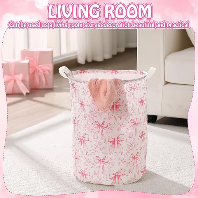 2 Pcs Laundry Basket Coquette Storage Basket for Girls Nursery Hamper with Handles Foldable Waterproof Collapsible Storage Bin Organizer for College Dorms Bathroom(Mixed Bows)