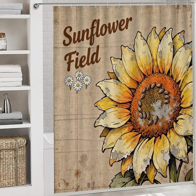 4 Piece Bathroom Rug Set with Shower Curtain, Non-Slip Bath Mat Toilet Cover Set, Pastoral Style Bathroom Rug Sets