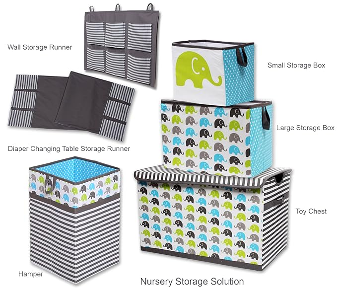 Bacati - Large Storage Tote Elephants Aqua/Lime/Grey 14 x 14 x 10 inches