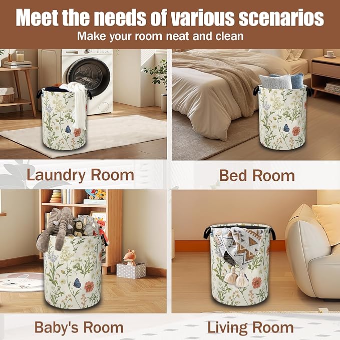 Herbs Wild Flowers Laundry Baskets,Vintage Floral Laundry Hamper,Storage Basket with Handles for Bathroom Bedroom College Dormitory Living Room Nursery Organizer 16"x20.8"