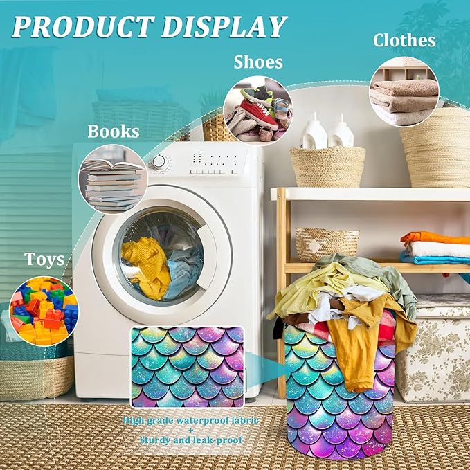 Mermaid Scale Laundry Basket, Glitter Rainbow Laundry HamperFoldable Waterproof Funny Tote Bag Dirty Clothes Storage Bucket Toy Organizer for Bathroom/Laundry/Bedroom 15.7"x19.6"
