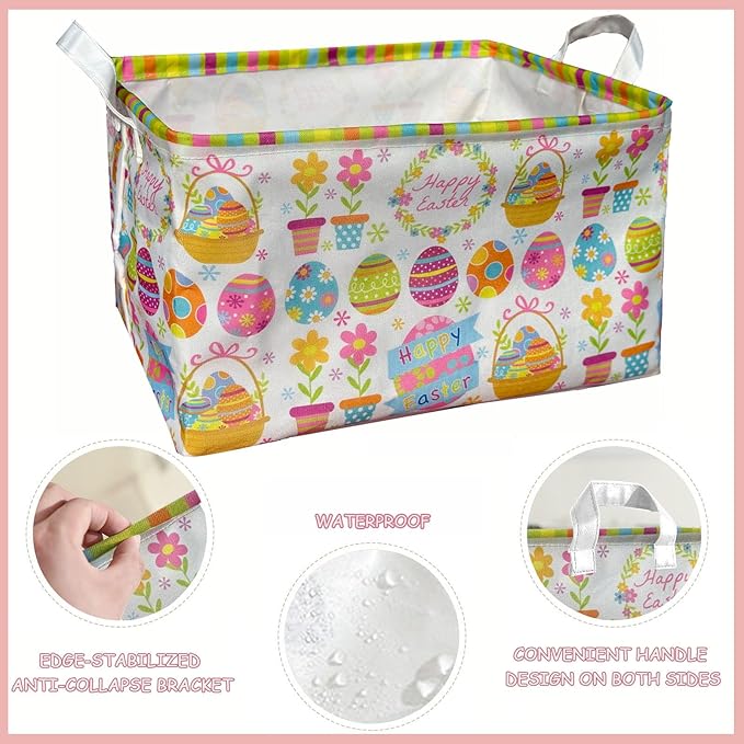 Easter Storage Basket, Egg Pattern Basket for Gifts Cute Foldable Waterproof Collapsible Organizer with Handles for Home Closets Shelf Offices,Bedrooms,Dorm Toy Storage