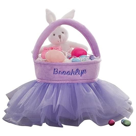 Personalization Universe Purple Tutu Personalized Easter Basket – Custom Kids & Baby Easter Egg Basket – Embroidered Name Plush Easter Basket