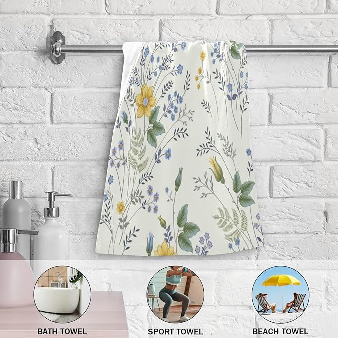 2 Pcs Vintage Blue Yellow Wildflower Hand Towels for Bathroom,Soft Absorbent Green Leaf Botanical Dish Towels for Kitchen,Farmhouse Decorative Bathroom Towels for Bath,Face,Shower 14"x28"