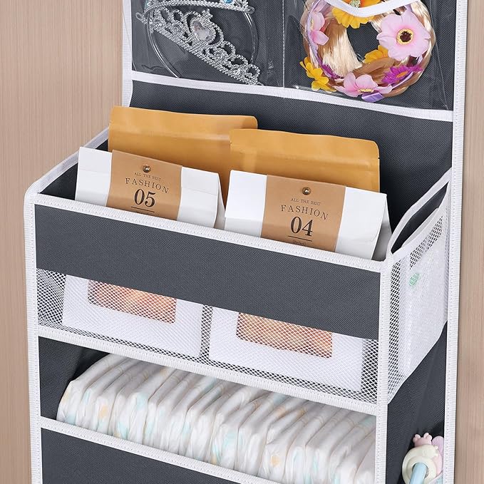 Univivi Over The Door Organizer with 6 Side Mesh Pockets, 5 Shelf Door Hanging Organizer Large Capacity Door Storage for Closet Nursery Bedroom Dorm and Baby Essential