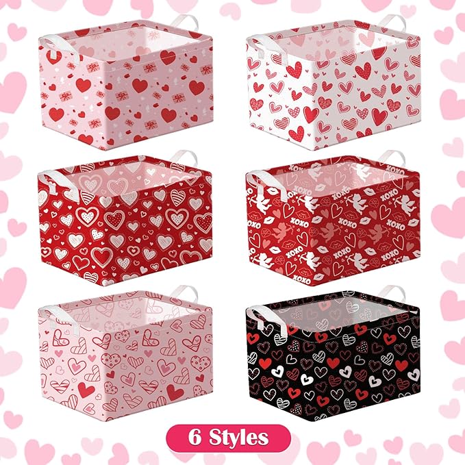 Bucherry 6 Pcs Valentine's Day Storage Baskets Empty Red White Pink Heart Collapsible Waterproof Canvas Storage Bin Organizer with Handles for Galentines Gifts Bookshelf Box Laundry Decor