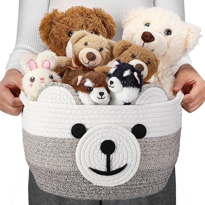 Zopeal Bear Basket 13" D x 9.5" H for Nursery Cotton Rope Woven Cute Storage Basket with Handles Animal Hamper for Baby Shower Laundry Bathroom Home Decorative
