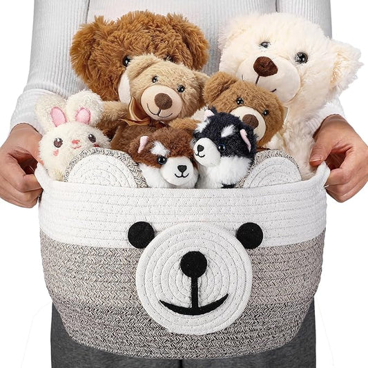 Zopeal Bear Basket 13" D x 9.5" H for Nursery Cotton Rope Woven Cute Storage Basket with Handles Animal Hamper for Baby Shower Laundry Bathroom Home Decorative